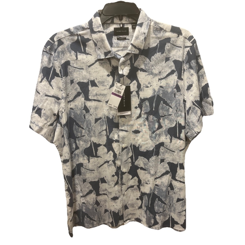 NEW Perry Ellis~XXL~Shirt Mens Short Sleeve Button Up Standard Fit Blue Mirage